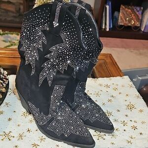 Elegant Black Rhinestone Studded Heeled Boots